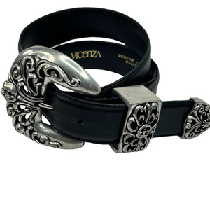 Vintage Vicenza Black Calfskin Leather Belt Silver Chrome Buckle Hardware 28"